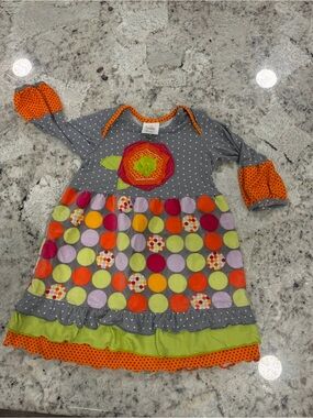 Girls' Gray Polka Dot Floral Patch Dress with Orange & Lime Accents